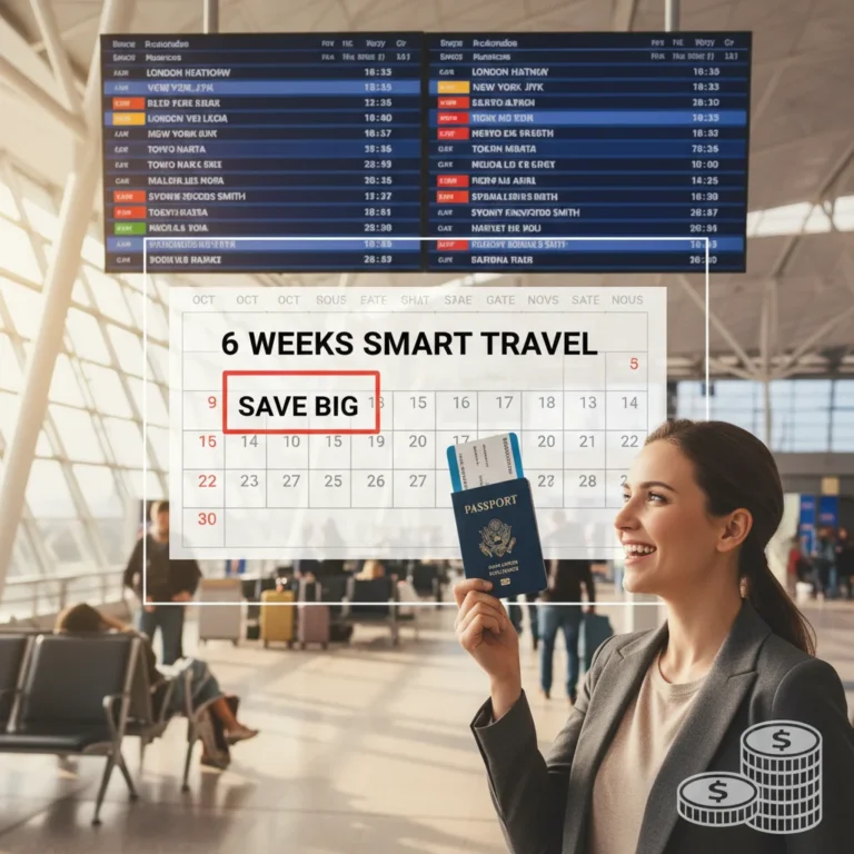 Happy traveler holding boarding pass, looking at departure board, emphasizing optimal flight booking time.