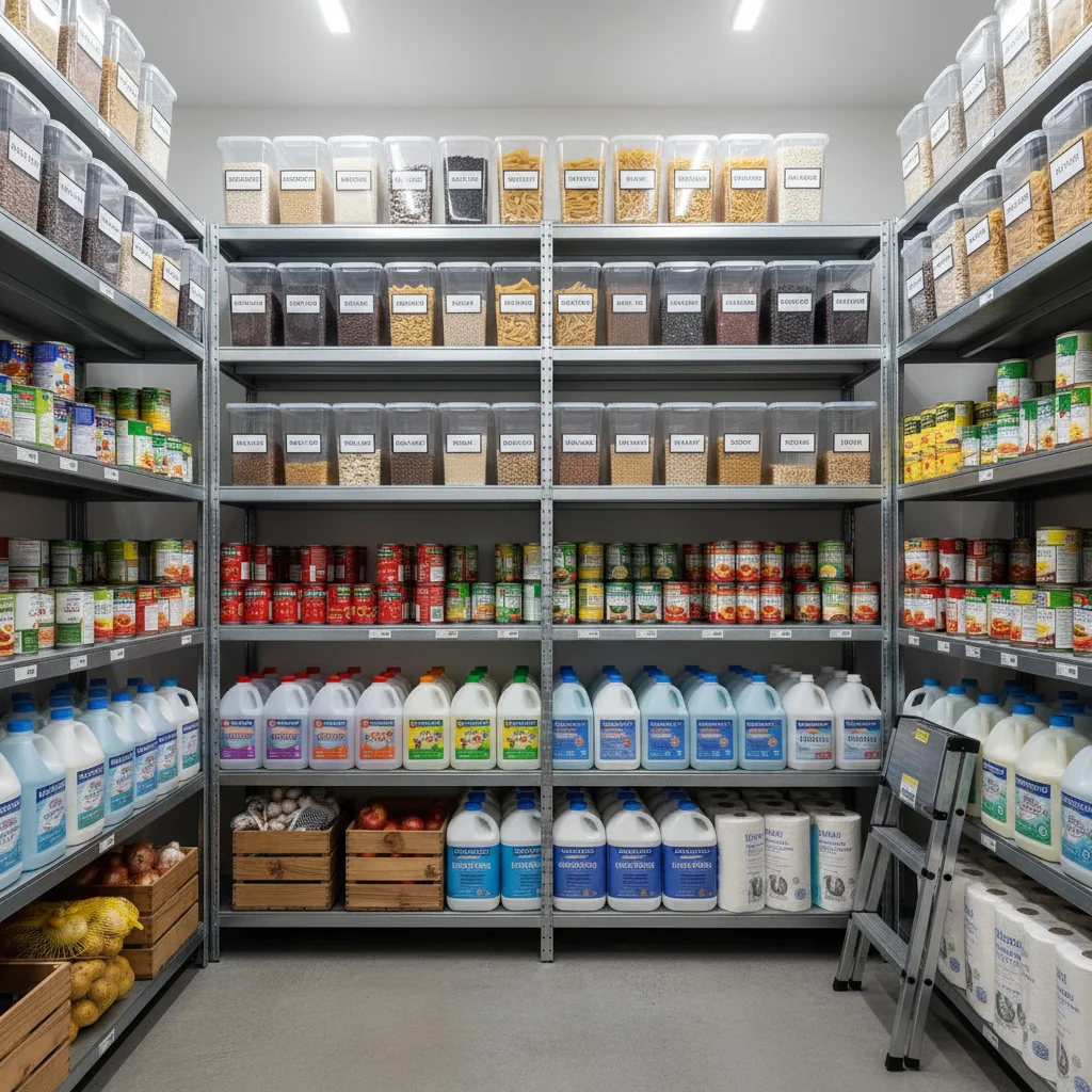 Organized pantry with bulk purchased food items and household supplies.