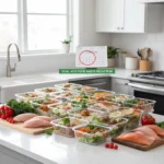 Organized meal prep containers on a kitchen counter for food waste reduction