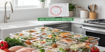 Organized meal prep containers on a kitchen counter for food waste reduction