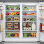 Organized refrigerator with fresh produce and labeled containers, showcasing effective food storage.
