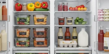 Organized refrigerator with fresh produce and labeled containers, showcasing effective food storage.