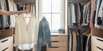 Organized wardrobe with one new item being added and one old item removed