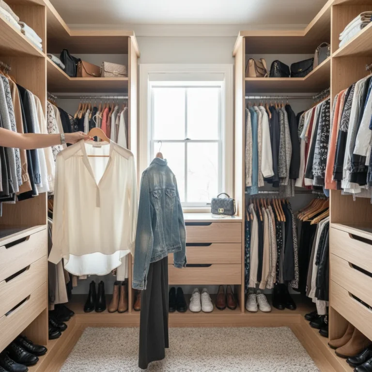 Organized wardrobe with one new item being added and one old item removed