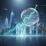 Stock chart with magnifying glass emphasizing P/E ratio, symbolizing detailed financial analysis and stock valuation.