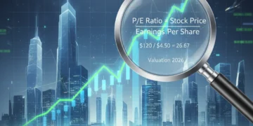 Stock chart with magnifying glass emphasizing P/E ratio, symbolizing detailed financial analysis and stock valuation.