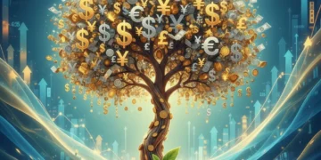 Conceptual image of a money tree growing, representing the power of compounding investments over time.
