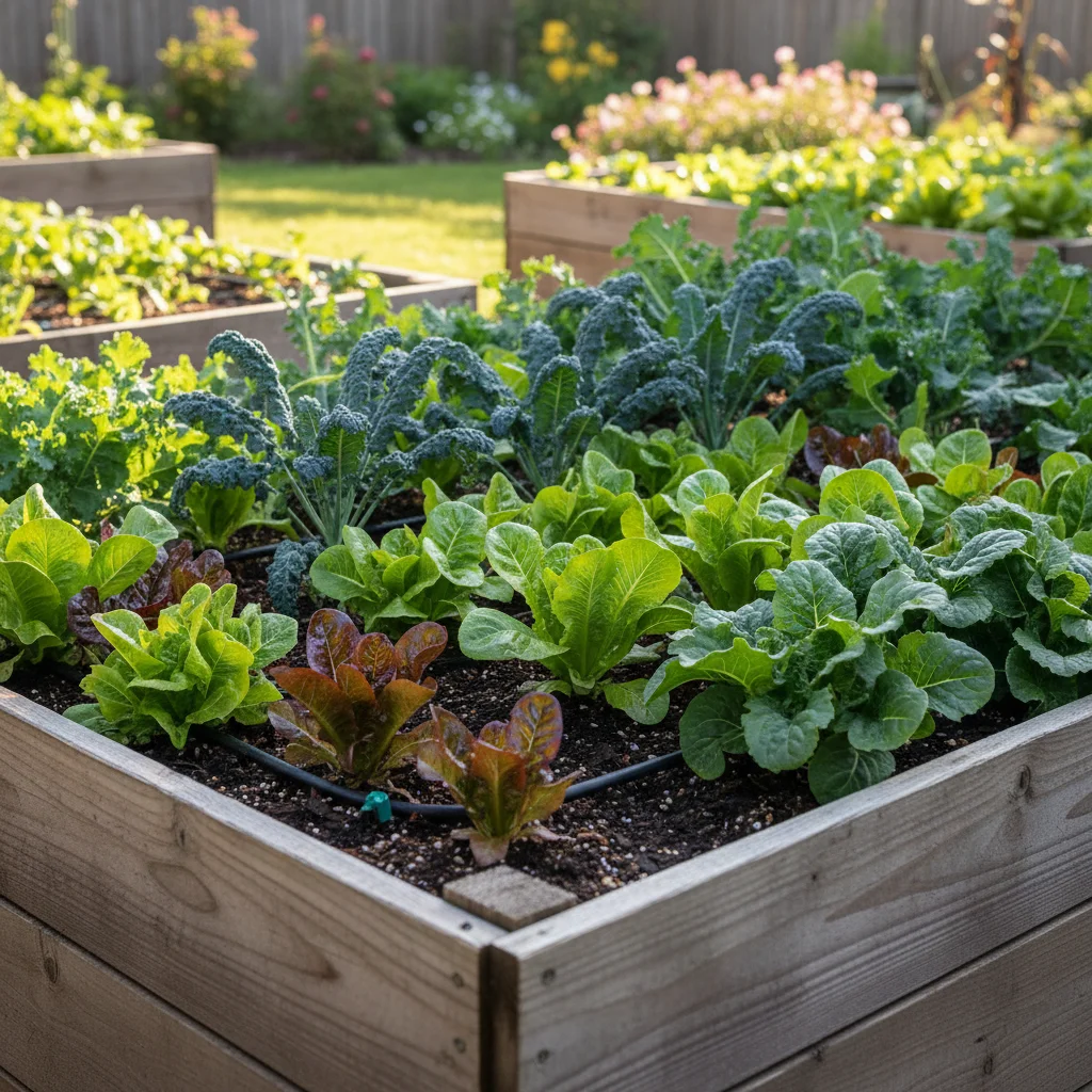 Raised garden bed with lush leafy greens and drip irrigation system