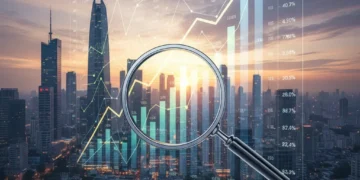 Financial charts and graphs showing growth with a city skyline backdrop, representing a resilient investment portfolio.