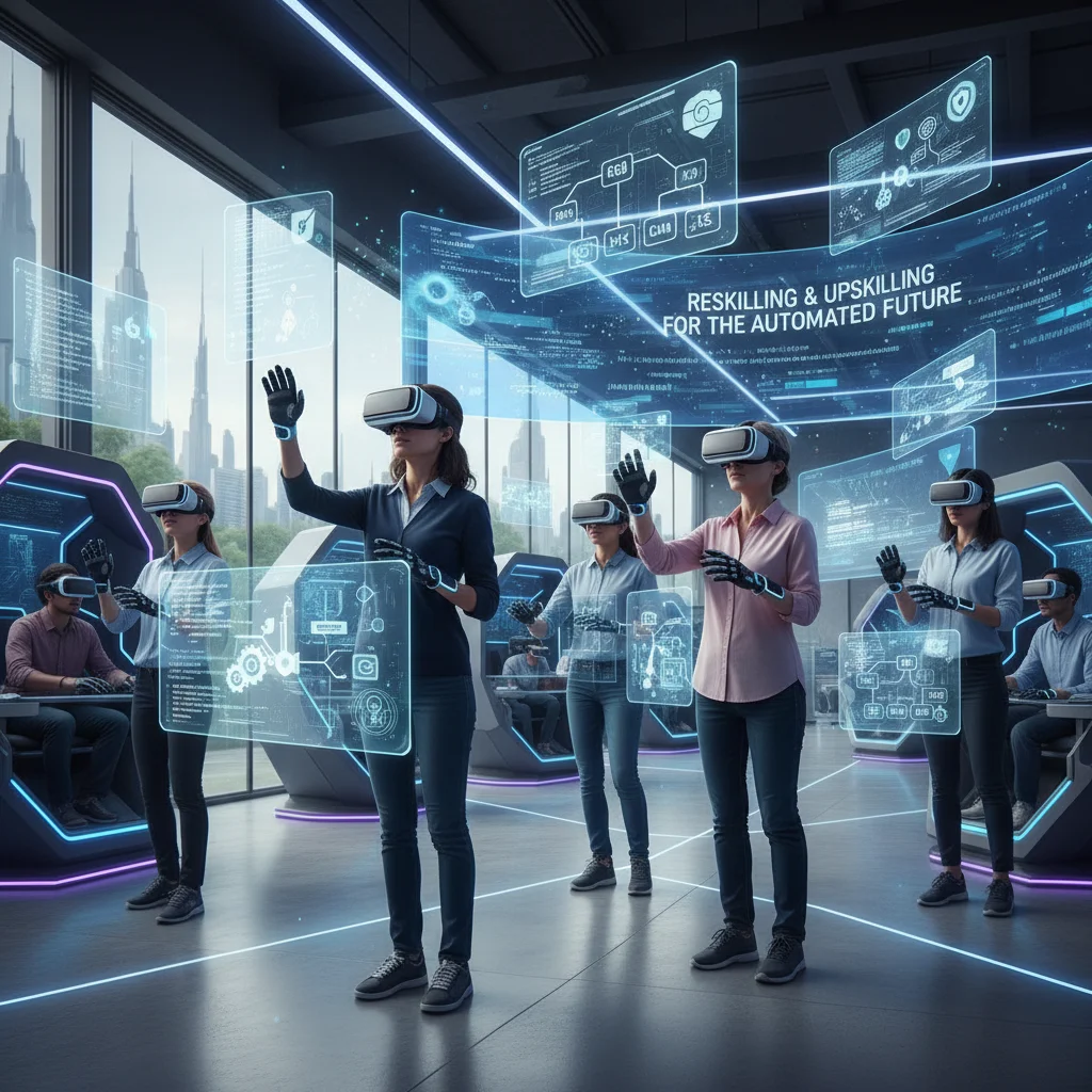 Professionals reskilling in VR, adapting to new digital skills for future jobs.