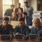 Retail investors reviewing financial documents and discussing new SEC regulations.
