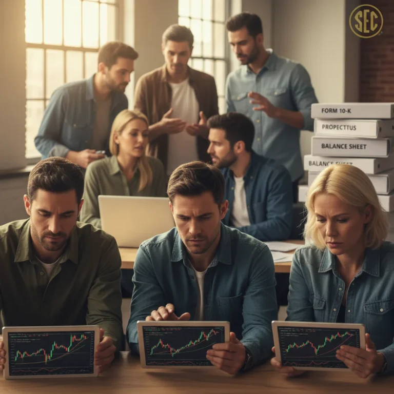 Retail investors reviewing financial documents and discussing new SEC regulations.