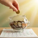 Hand putting coin into piggy bank, symbolizing saving money over 30 days.