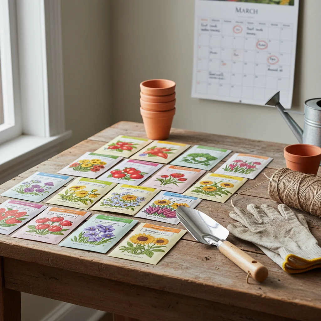 Seed packets and gardening tools on a table, illustrating garden planning