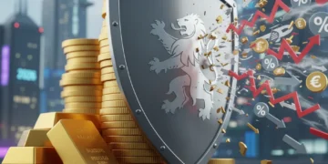 Shield protecting investment coins from inflation, representing financial security and wealth preservation.