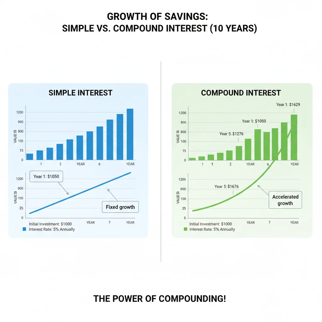 Infographic comparing simple vs compound interest growth over a decade.