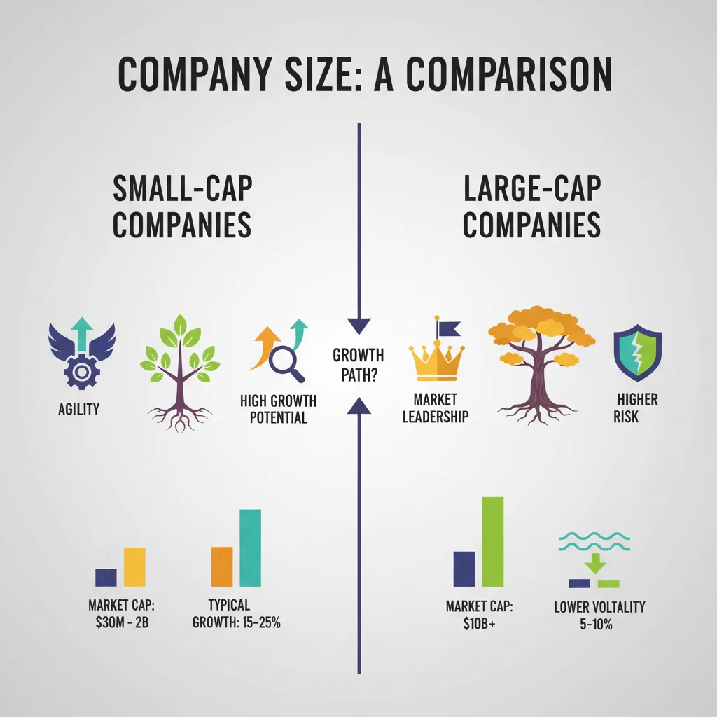 Infographic comparing characteristics of small-cap and large-cap companies including market cap, growth, and risk.