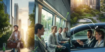 People engaging in smart commuting choices like cycling, public transport, and carpooling, with a city background.