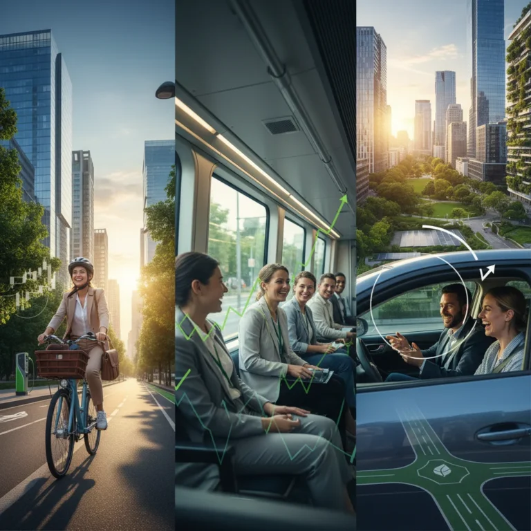 People engaging in smart commuting choices like cycling, public transport, and carpooling, with a city background.
