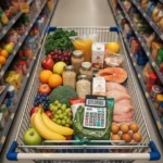 Smartly organized grocery cart with fresh produce and calculator showing savings.