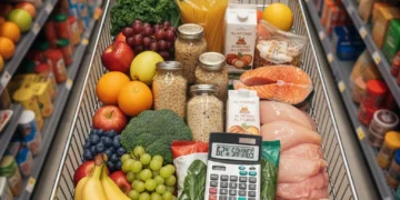 Smartly organized grocery cart with fresh produce and calculator showing savings.