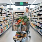Smart shopper with a full, organized grocery cart in a US supermarket, symbolizing savings.