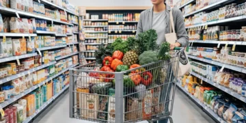 Smart shopper with a full, organized grocery cart in a US supermarket, symbolizing savings.