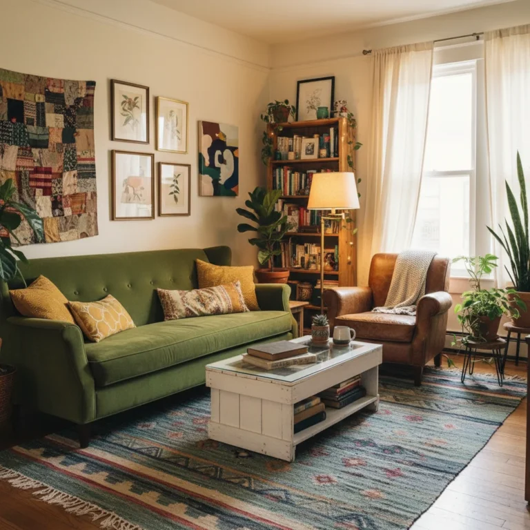 Stylish living room with secondhand furniture