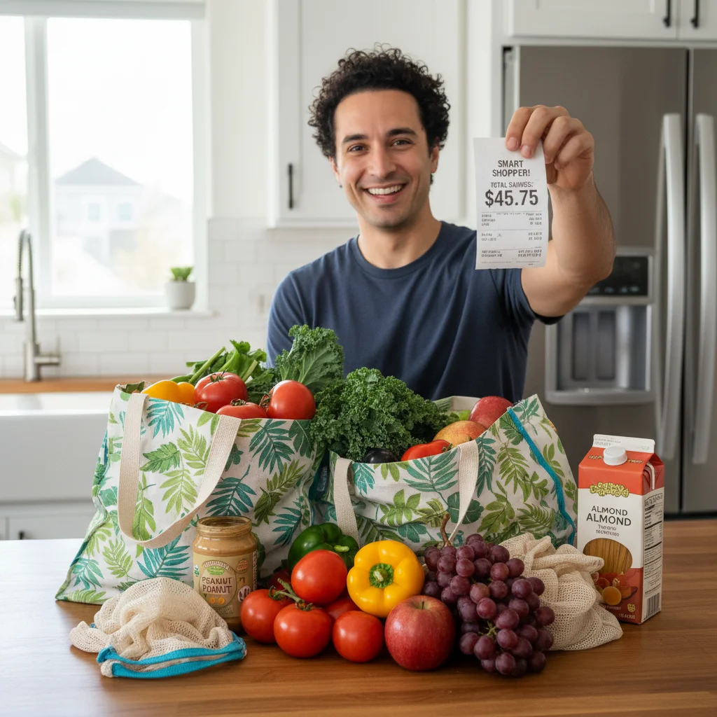 Person unpacking groceries, showcasing a receipt with significant savings, demonstrating effective budgeting.