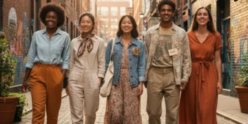 Stylish young adults wearing affordable sustainable fashion in a city setting, showcasing a budget-friendly wardrobe.