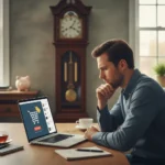 Thoughtful person considering a purchase online with a clock, embodying the 48-hour rule