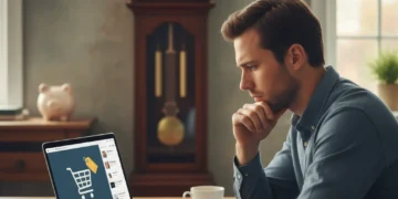 Thoughtful person considering a purchase online with a clock, embodying the 48-hour rule