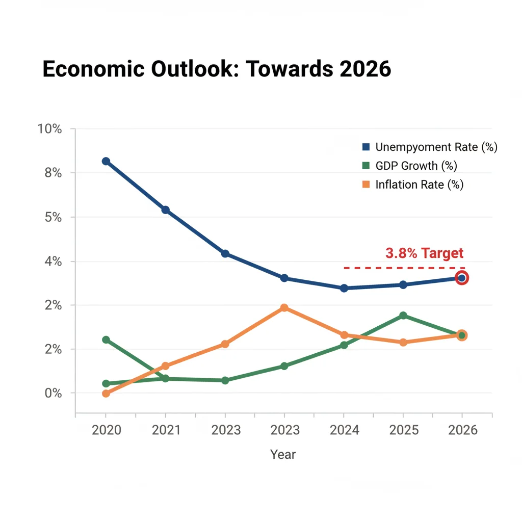 Economic graph illustrating projected unemployment rate trends towards 3.8% in 2026.