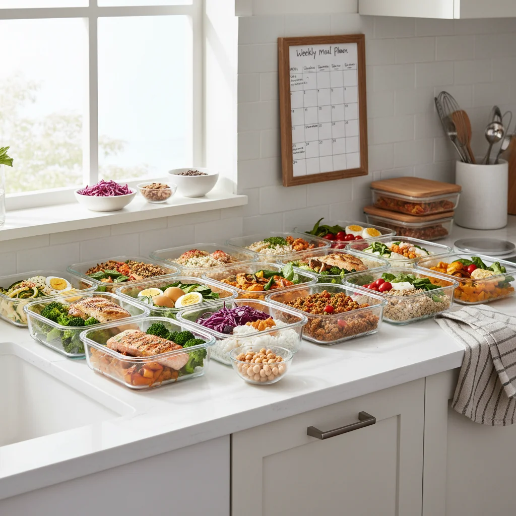 Organized kitchen counter with meal prep containers for weekly meals.