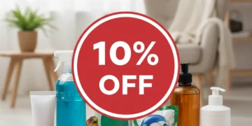 Illustration of various household essentials with a 10% savings tag, representing weekly budget optimization.