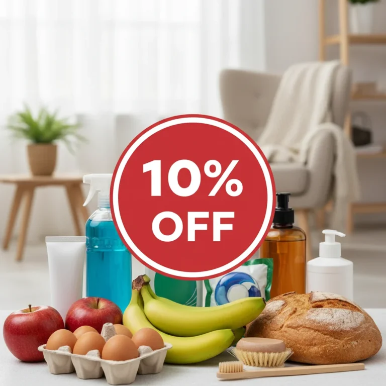 Illustration of various household essentials with a 10% savings tag, representing weekly budget optimization.
