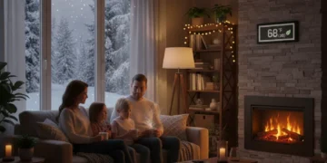 Family enjoying a warm, energy-efficient living room during winter, saving on utility bills.