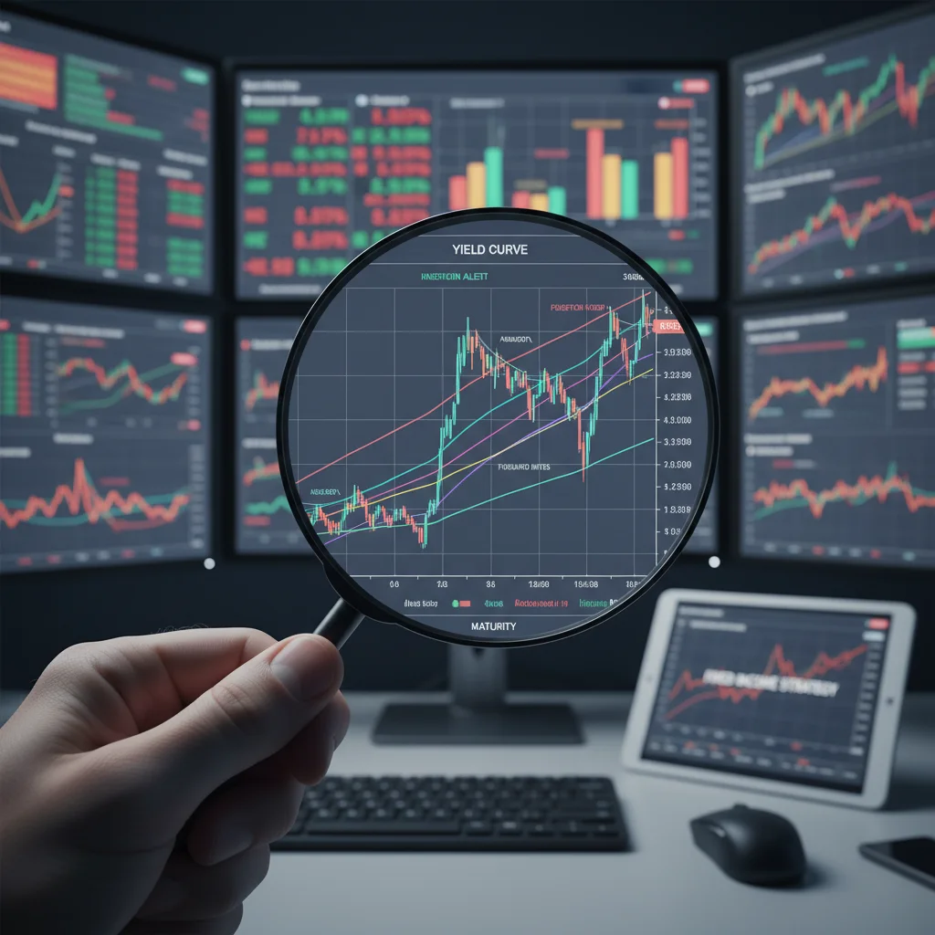 Magnifying glass examining yield curve fluctuations in bond market