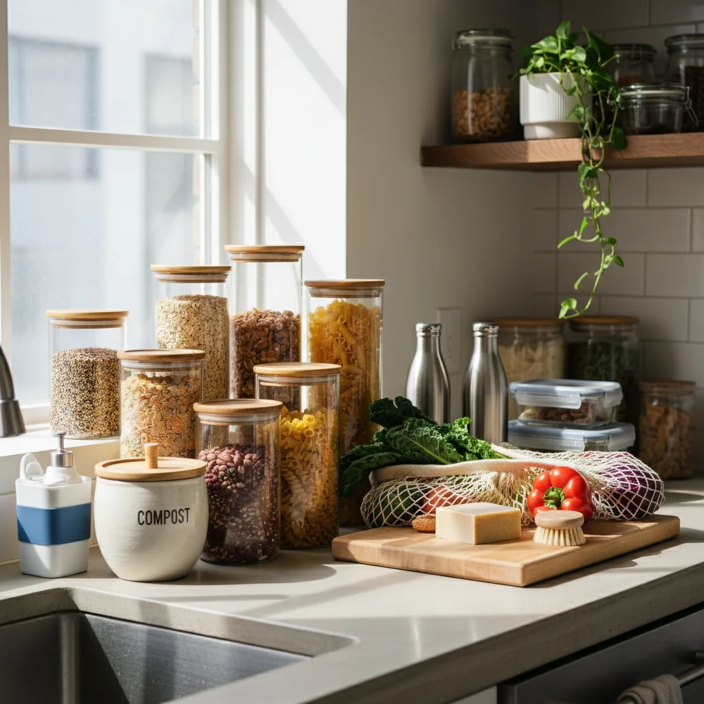 Organized zero-waste pantry with reusable containers and bulk food.