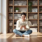 Person happily counting cash in a decluttered, sunny living room.