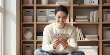 Person happily counting cash in a decluttered, sunny living room.