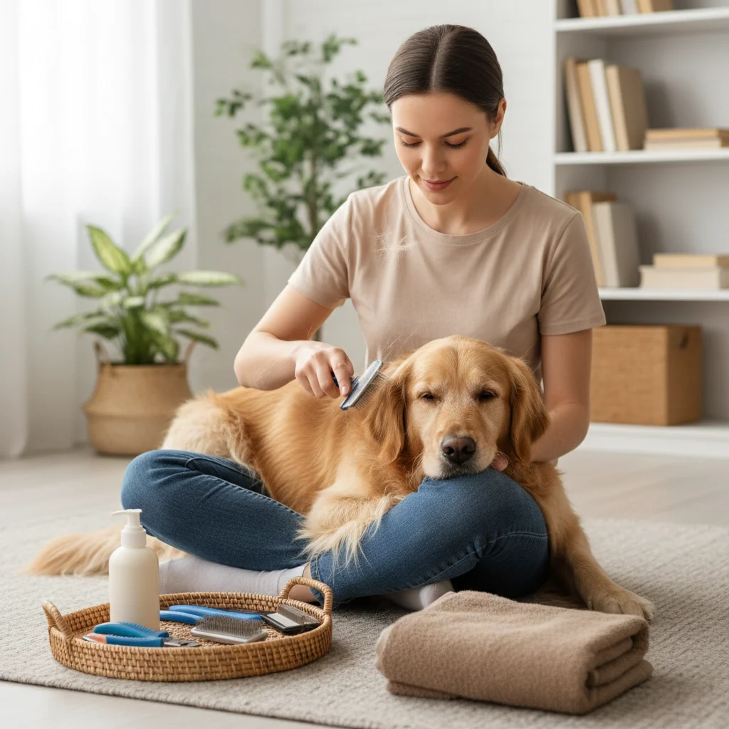 Person grooming their dog at home, showcasing DIY pet grooming savings.