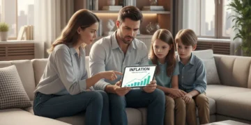 Family reviewing financial data on a tablet, planning for future inflation