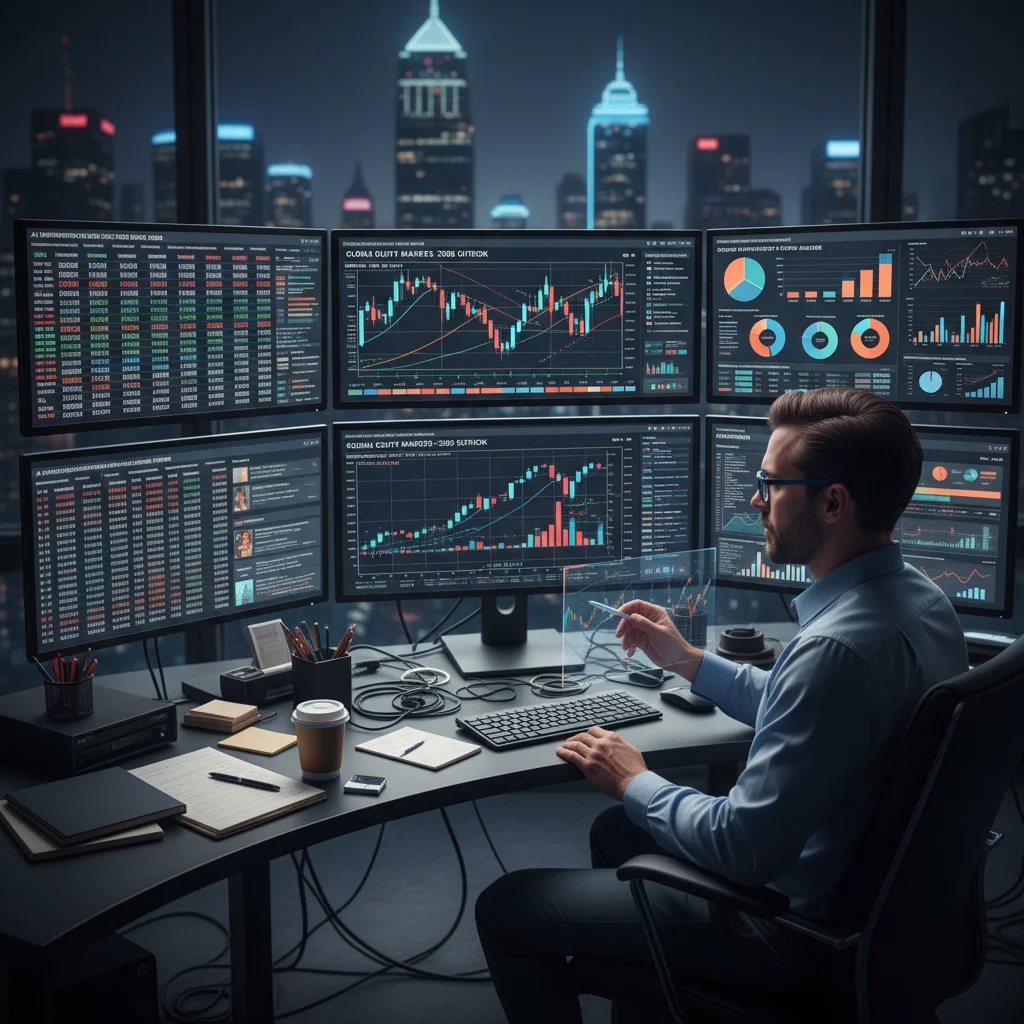 Investor analyzing financial data and market trends on multiple screens