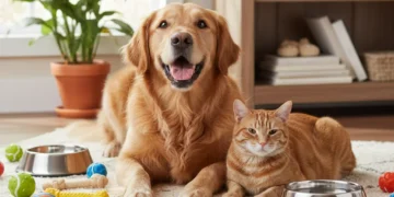 Happy dog and cat with a piggy bank, symbolizing frugal pet care and smart spending.