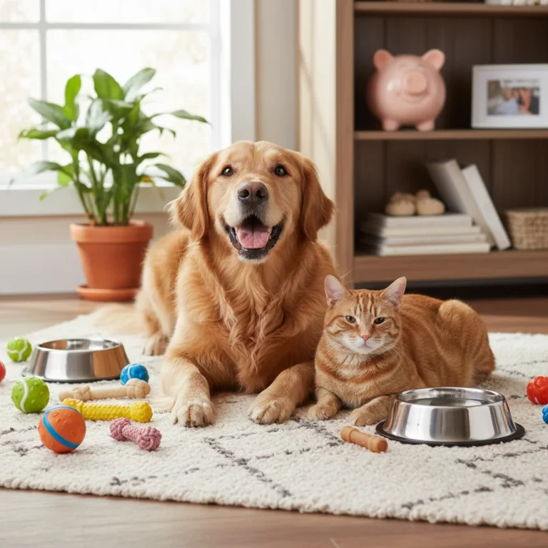 Happy dog and cat with a piggy bank, symbolizing frugal pet care and smart spending.