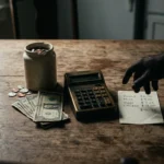A dramatic photograph of a weathered wooden kitchen table with a small stack of worn dollar bills, a nearly empty coin jar, and a grocery list with inflated prices, illustrating the impact of economic trends on household budgets.