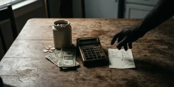 A dramatic photograph of a weathered wooden kitchen table with a small stack of worn dollar bills, a nearly empty coin jar, and a grocery list with inflated prices, illustrating the impact of economic trends on household budgets.