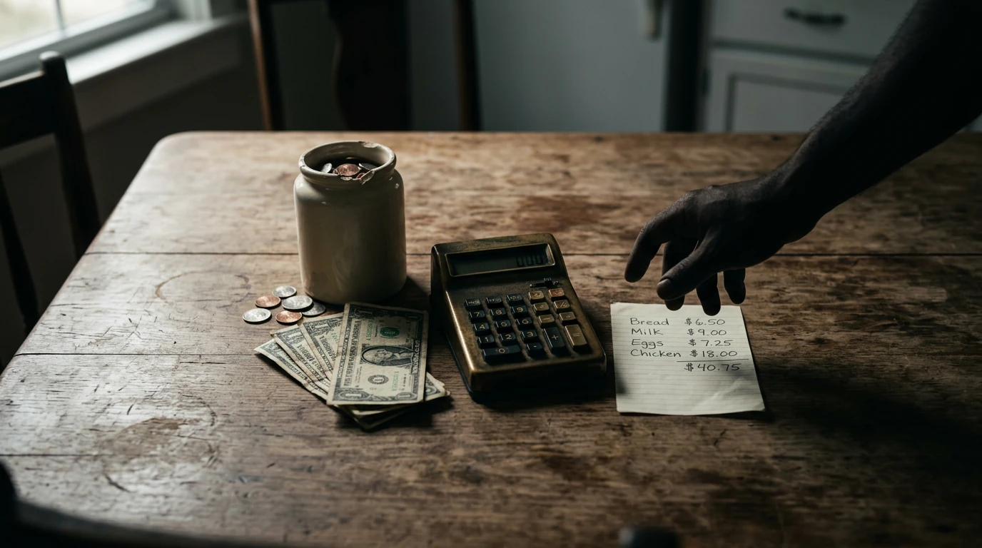 A dramatic photograph of a weathered wooden kitchen table with a small stack of worn dollar bills, a nearly empty coin jar, and a grocery list with inflated prices, illustrating the impact of economic trends on household budgets.