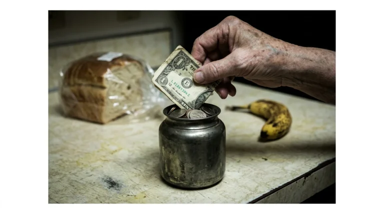 A hand placing a worn dollar bill into a tarnished coin jar, symbolizing the erosion of purchasing power due to economic trends.